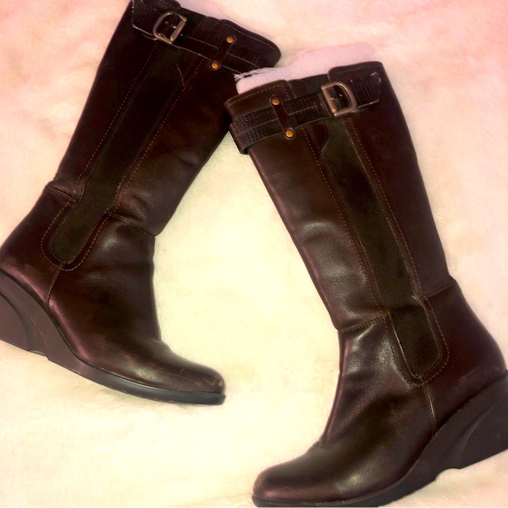 Genuine Leather Brown Knee High Wedge Boots 👢 with Calve Buckle